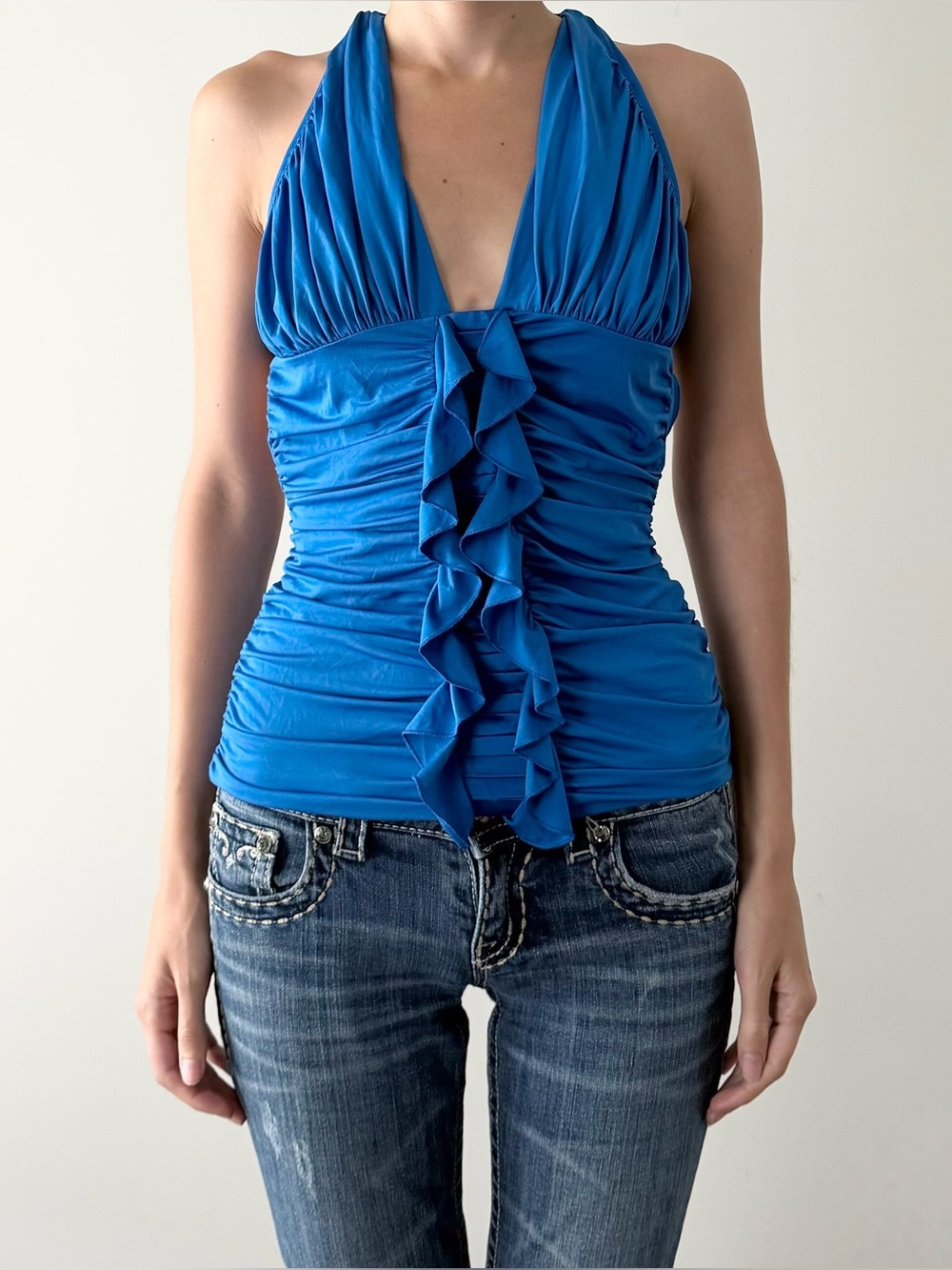 Marciano blue backless ruffle halter style top